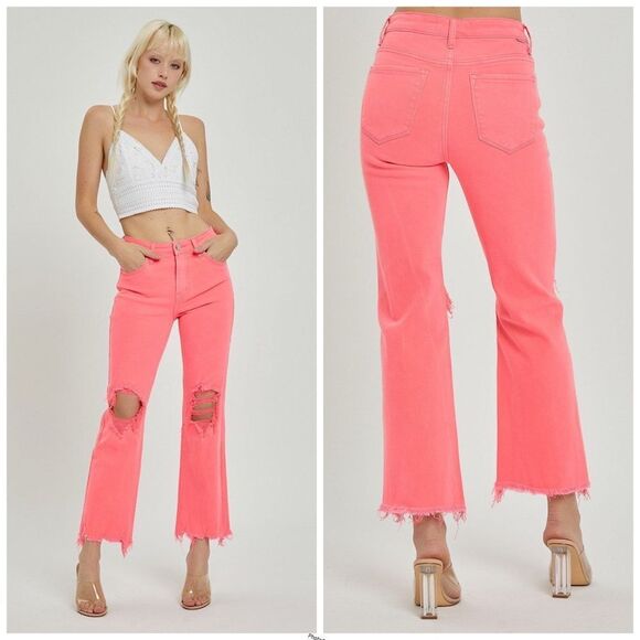Revolve Risen Jeans Pink NEVIE NEON CORAL DISTRESSED HIGH RISE STRAIGHT LEG Jean - Picture 2 of 9